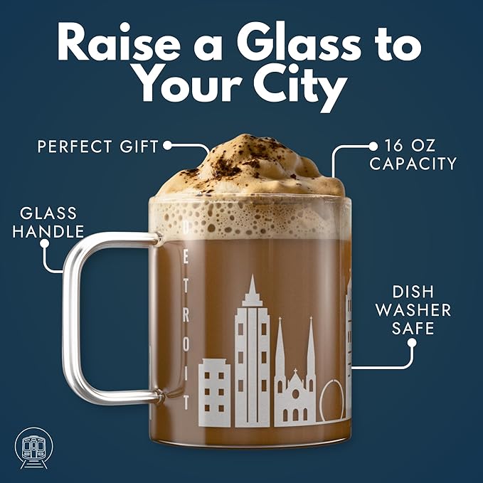 Greenline Goods – Detroit, MI Skyline Glass Coffee Mugs (Set of 2), 15 oz – Etched Wrap Design
