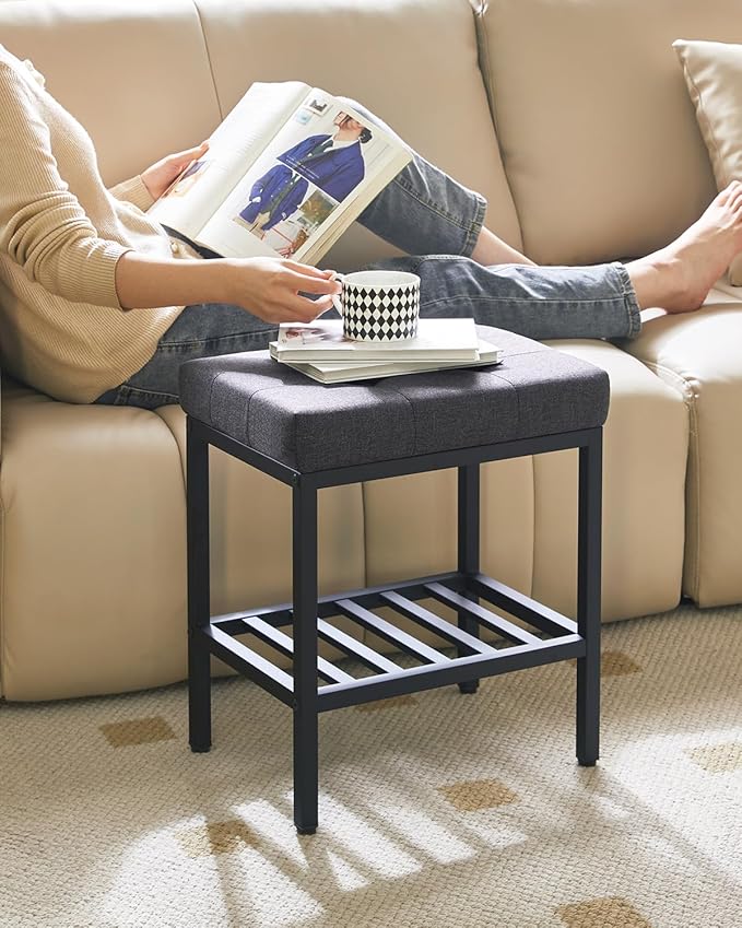 IBUYKE Rectangular Makeup Stool with Adjustable Feet and Storage Space, Footrest Chair, Linen Seat Vanity Stool, Multi-Use as Small Side Table or Ottoman, for Bedroom, Dark Gray WBD017G