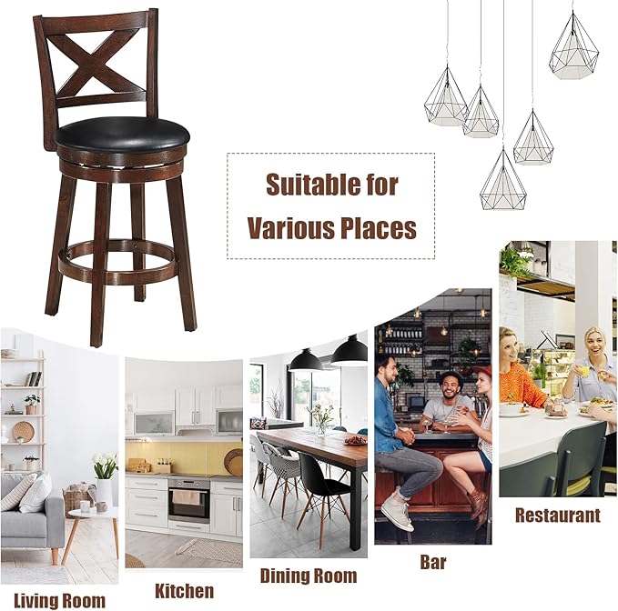 COSTWAY Bar Stools Set of 2, Counter Height Dining Chair, Fabric Upholstered 360 Degree Swivel, PVC Cushioned Seat, Perfect for Dining and Living Room