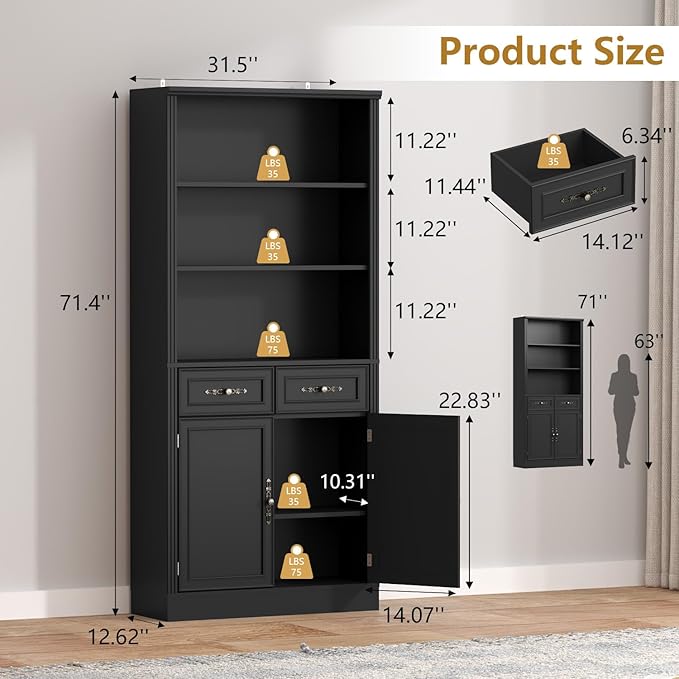 72'' Tall Bookcase with Doors and Drawers, Adjustable Shelves, P2 MDF Construction, 32'' Wide Freestanding Cabinet with Metal Handles, Hidden Storage for Living Room, Bedroom, Black