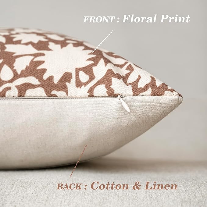 Foindtower Set of 2 Decorative Neutral Floral Throw Pillow Covers Accent Farmhouse Cushion Covers Boho Pillowcase for Couch Sofa Bedroom Living Room Home Decor,20×20 Inch,Light Orange Brown