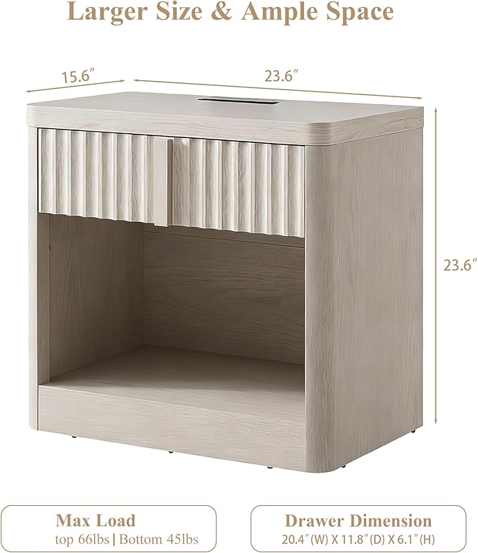 Fluted Nightstand with Charging Station, 23.6" End Table with Open Shelf and Drawers Storage, Bedside Table with Solid Wood Handle, Curved Profile Design, Night Stand for Bedroom