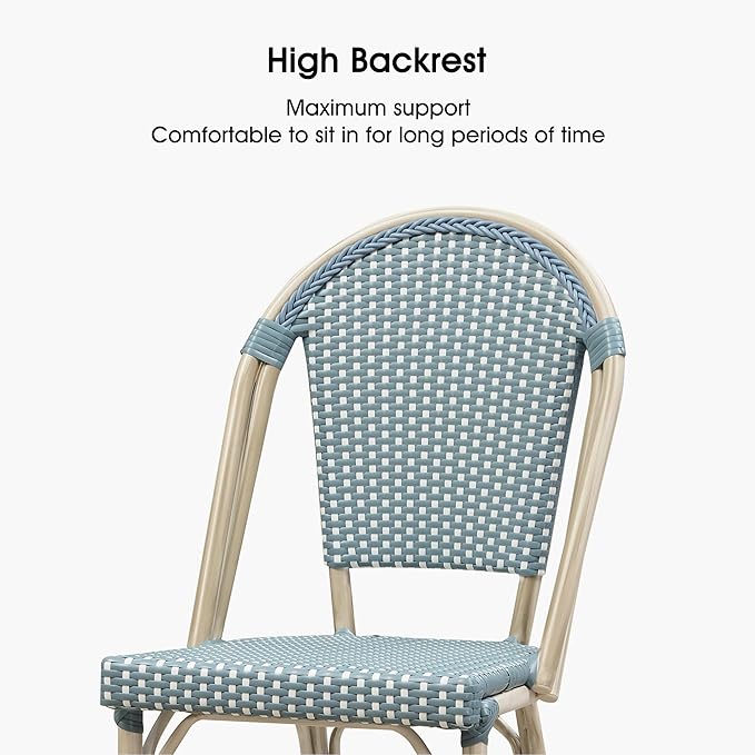PURPLE LEAF French Counter Height Bar Stool Set of 4 25" White Print Finish Patio Bar Chairs with Back Rattan Bar Chairs French Bistro Set for Kitchen Outdoor Counter Stool Light Blue