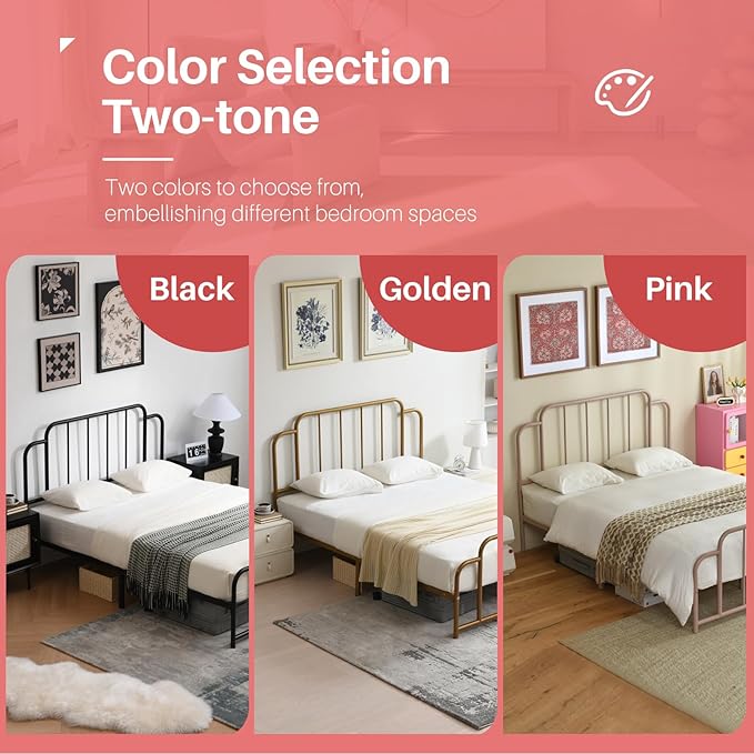 PINJU Metal Platform Bed Frame with Headboard and Footboard, Classic Style, Sturdy Metal Slats, No Box Spring Needed, Easy Installation (Pink, Queen)