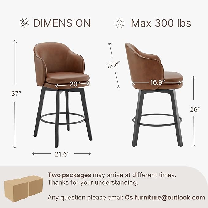 Counter Height Barstools 26 inch Upholstered Swivel Bar Stools with Back and Wood Legs for Kitchen Island,Set of 3,Brown PU Leather