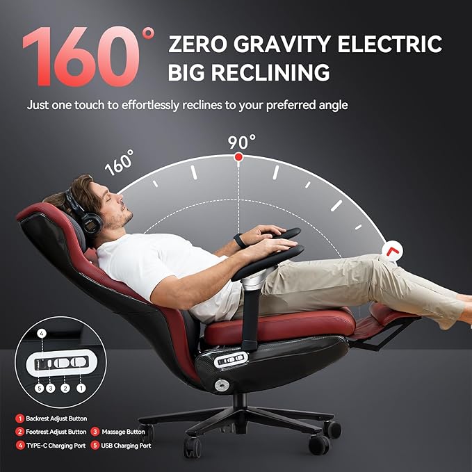 EMIAH Ergonomic Office Chair with Foot Rest Electric Reclining Office Chair with Adjustable Headrest, 8D Coordinated Armrests High Back Computer Chair with Lumbar Support（Red）
