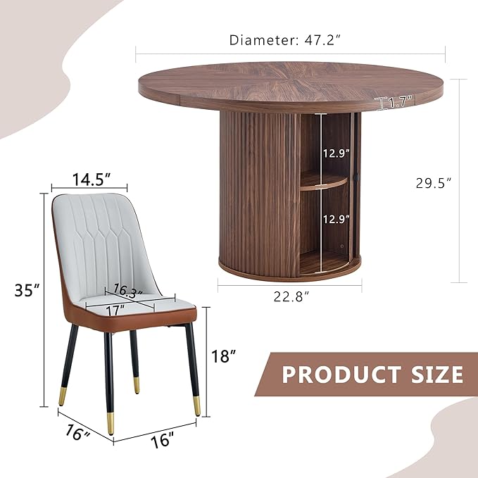 5 Piece Dining Table Set with Two Storage, 47" Round Dining Table Set for 4 with PU Leather Chairs, Round Kitchen Table and Chairs for 4 with 1.7” Thick Wood Top, Roman Column Pedestal, Space-Saving