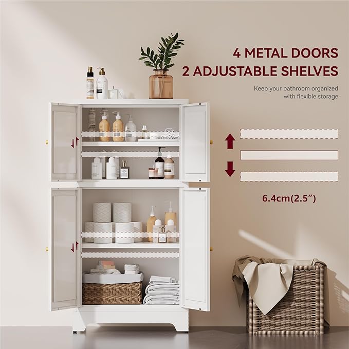 Bathroom Floor Storage Cabinet,Freestanding Bathroom Storage Cabinets,White Bathroom Cupboard,Metal Floor Cabinets,Small Cabinet with 2 Adjustable Shelves&4 Doors
