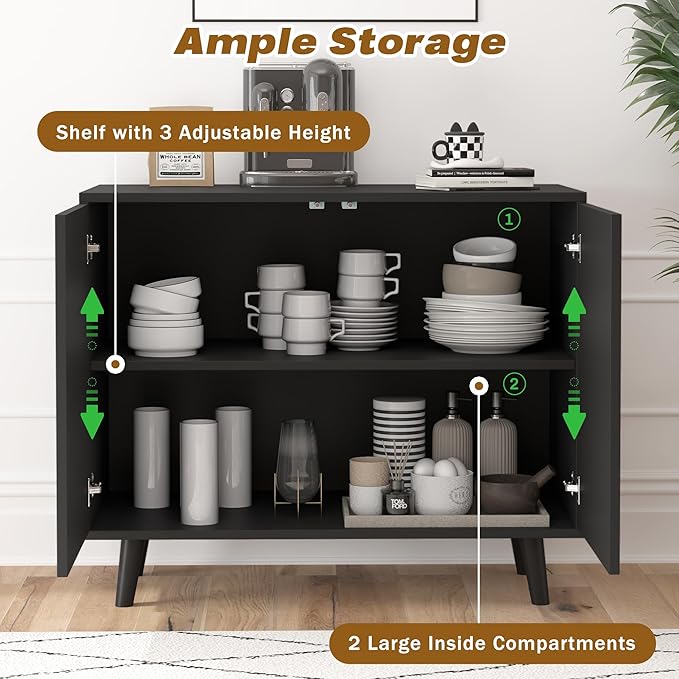 Accent Cabinet with Carving Lines, Modern Buffet Sideboard with Adjustable Shelves, Decorative Storage Cabinets for Bedroom Living Room Kitchen Office and Hallway (Black, 1)