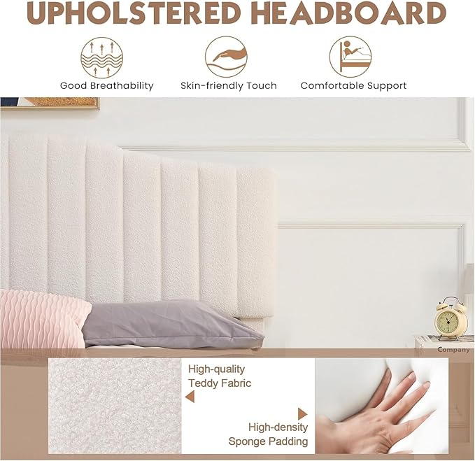 VECELO Full Size Upholstered Platform Bed Frame with Adjustable Teddy Fabric Headboard, Strong Wood Slats, 7.9" Under-Bed Storage, Noise-Free, No Box Spring Needed - Beige