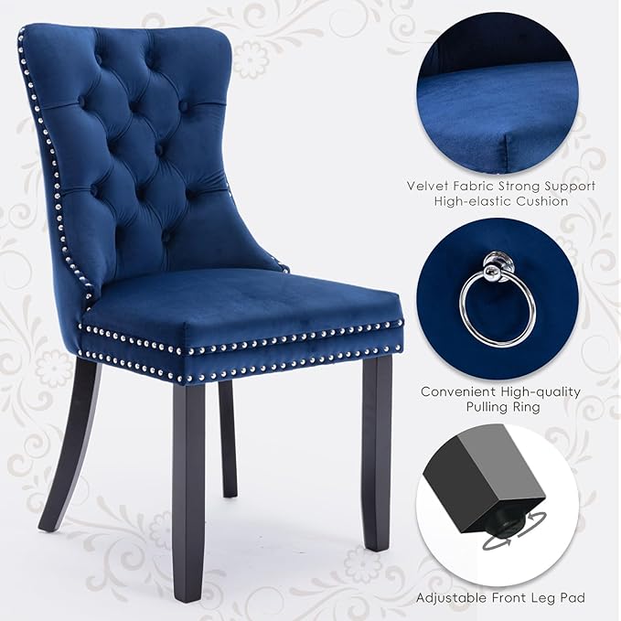 Velvet Upholstered Dining Chairs Set of 6, Modern Style Kitchen Side Chairs with Nailhead Trim and Wood Legs,Metal Pulling Ring for Dining Room Living Room(Blue,Set of 6)