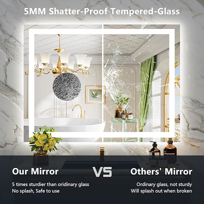 50x36 Inch LED Bathroom Mirror with Lights Front and Backlit Lighted Vanity Mirror for Bathroom Wall with 3 Colors Dimmable Anti-Fog Memory Shatter-Proof IP54 Waterproof Horizontal/Vertical