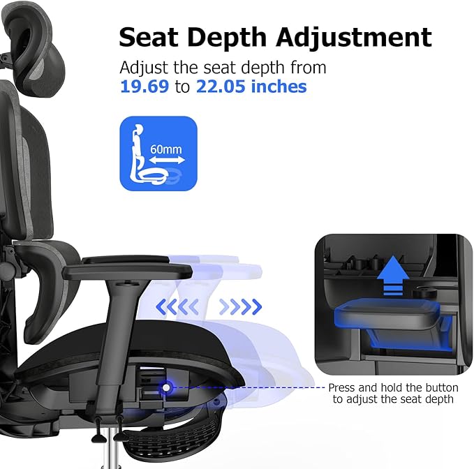 PatioMage Ergonomic Office Chair, Big and Tall Desk Chair with Adjustable Lumbar Support & Seat Depth, High Back Computer Chair, Swivel Mesh Chairs with Wheels for Home Office, Black