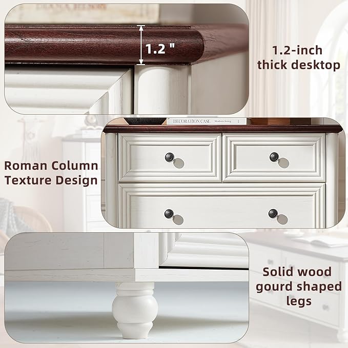 Farmhouse Dressers and Night Stand Set of 3, Wood 43.5'' Tall Dresser and 18'' Wide Chest of Drawers, Roman Column Nightstand Set of 2, Bedroom Furniture Dresser Suites for Living Room, Hallway, Home