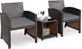 COSTWAY 3 Pieces Patio Furniture Sets, Outdoor Rattan Conversation Set with Tempered Glass Tabletop and Soft Cushion, Wicker Cushioned Chair Sofa for Backyard, Porch, Poolside, Lawn, Gray