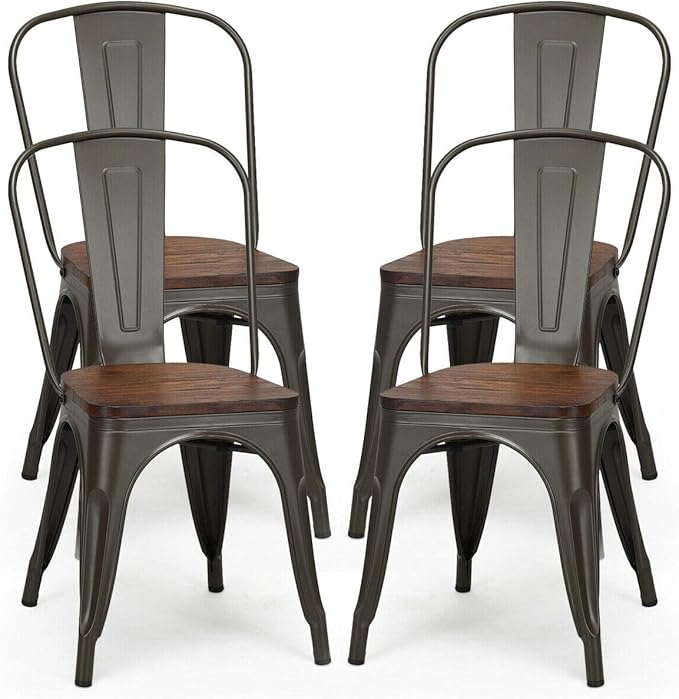 COSTWAY 18 Inch Dining Chair Set of 4, Industrial Vintage Stackable Metal Chairs, Counter Bar Chairs with High Backrest, Wood Seat, for Home, Kitchen and Cafe Bar Use