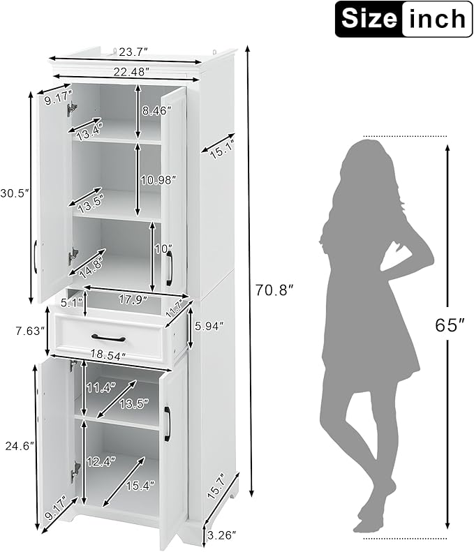 Tall Freestanding Storage Cabinet with 4 Doors & One Drawer, Multi-Purpose Organizer with Adjustable Shelf for Bathroom, Office, Living Room, White
