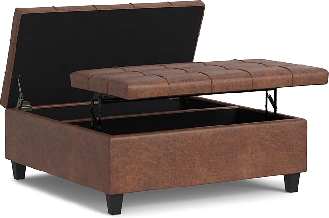 SIMPLIHOME Harrison Large Coffee Table Storage Ottoman - 40 inch Wide Upholstered Vegan Leather Square Lift-Top Ottoman in Distressed Saddle Brown, Transitional Bench for Living Room with Sturdy Base