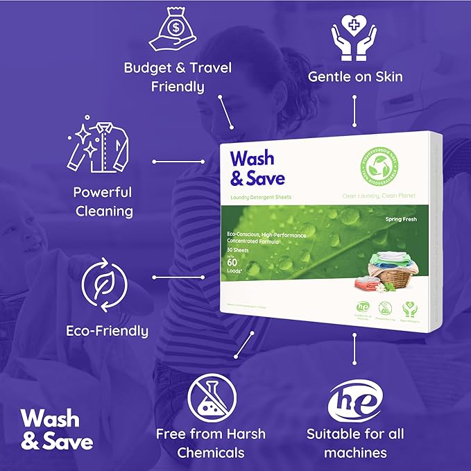 WASH & SAVE Laundry Detergent Sheets (60 Loads, 30 Sheets) | Plant Based, Eco-Friendly, Hypoallergenic Liquidless Detergent, Perfect for Travel & Dorm (Spring Fresh)