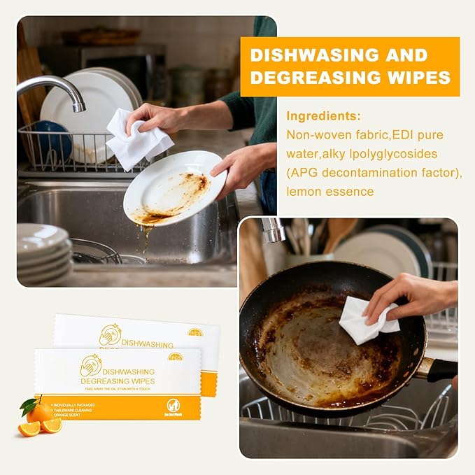 Dish Cleaning Wipes Individually Wrapped Travel Dish Soap Wipes Orange Scent Disposable Wipes Portable for Kitchen Outdoor Traveling Camping RV Quick Clean (50)