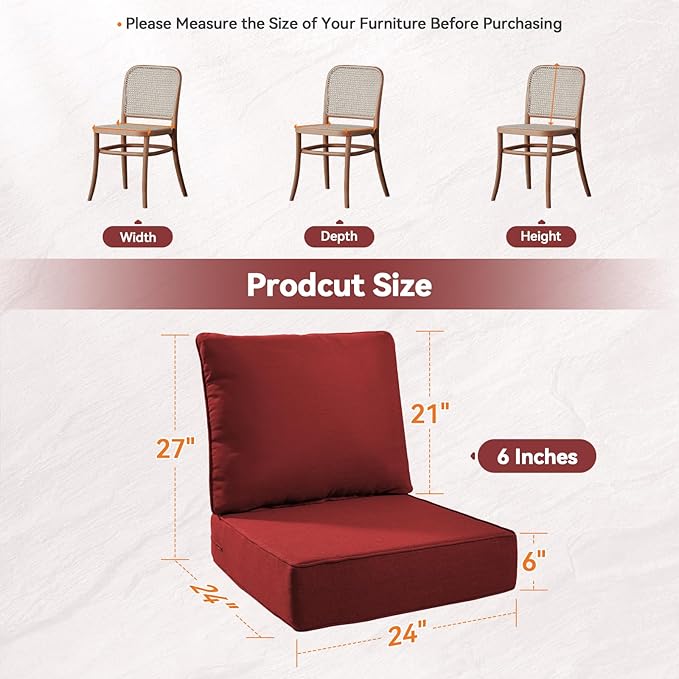 Luxury 6" Outdoor Cushions for Patio Furniture, 24x24x6" Thick Seat Cushion Set of 3, Fade Resistant Couch Chair Replacement Cushions High Density Deep Wicker Chair Cushion w/ Removable Cover, Red