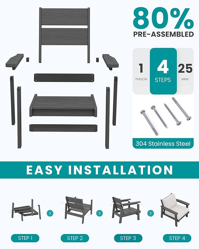 SERWALL HDPE Outdoor Furniture Set, 7 Piece All Weather Wood-Like Outdoor Sofa Sectional Couch, Grey Patio Furniture Set with Khaki Cushions