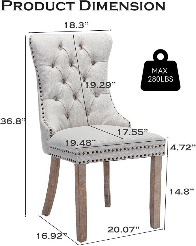 Linen Upholstered Dining Chairs Set of 2, Modern Style Kitchen Side Chairs with Nailhead Trim and Wood Leg, Metal Pulling Ring for Dining Room Living Room(Beige,Set of 2)