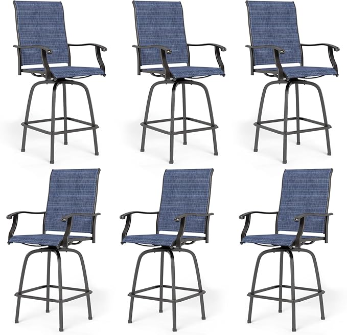 PHI VILLA Outdoor Swivel Bar Stools Set of 6, Bar Height Patio Chairs Furniture with All Weather Textilene Fabric, 30" High Top Bar Chairs for Porch, Blue