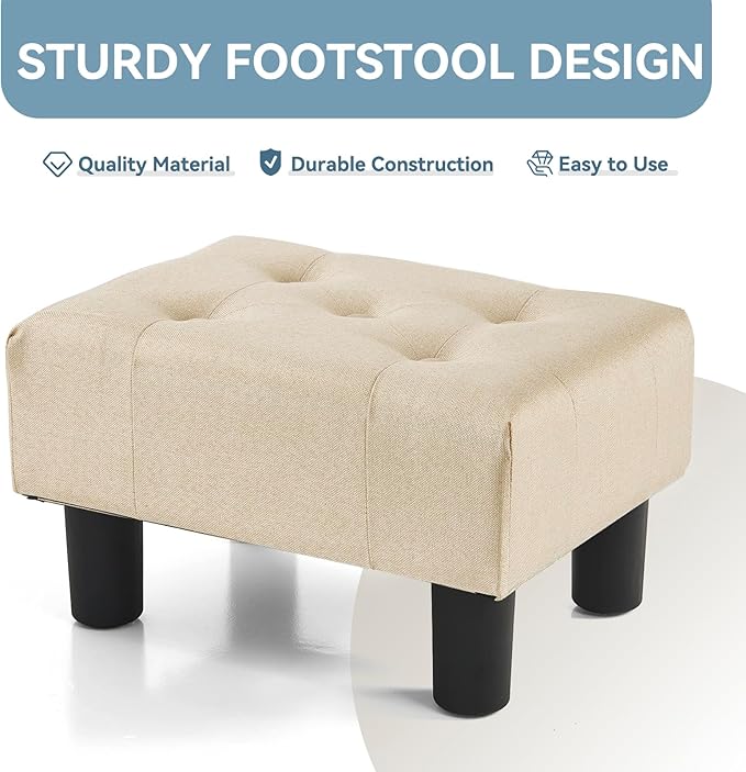 Poofzy Small Foot Stool Ottoman, Linen Ottoman Foot Rest with Legs, Rectangle Foot Rest for Couch, Footstools and Ottomans Small for Living Room and Entryway (Beige)