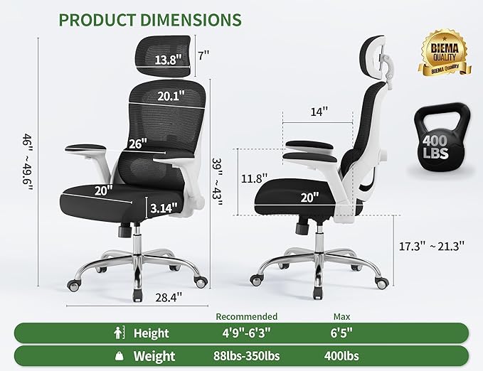 Ergonomic Office Chair - Computer Desk Chair with Adjustable Lumbar Support - 400lbs Executive Desk Chair High Back with Headrest Flip-Up Arms for Long Hours, Rolling Chair (White Black)