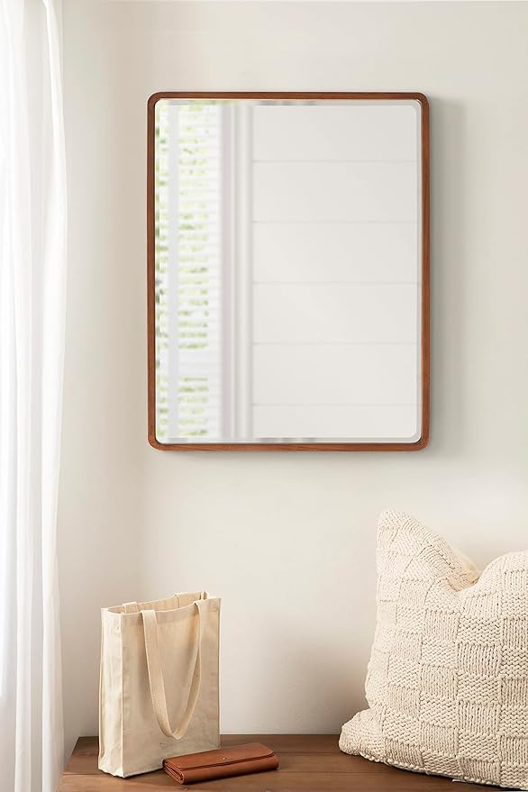 Kate and Laurel McLean Modern Wood Framed Rounded Rectangle Wall Mirror; 24 x 30; Walnut Brown; Decorative Round Rectangular Mirror for Contemporary Wall Decor