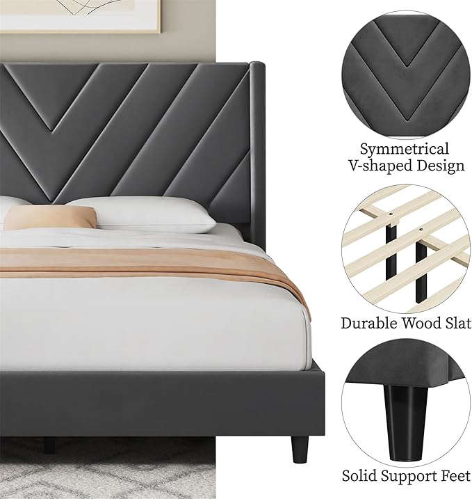 Yaheetech Queen Bed Frame Upholstered Platform Bed with Wing Side/Wooden Slat Support/Tufted Headboard with Wing Side/Mattress Foundation/No Box Spring Needed,Deep Gray Queen Bed