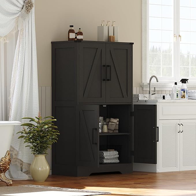 Treocho Bathroom Floor Cabinet, Farmhouse Bathroom Storage Cabinet with Doors and Adjustable Shelves, Freestanding Kitchen Pantry Cabinet, Cupboard for Living Room, Dining Room, Black