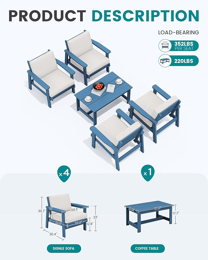 SERWALL Outdoor Patio Furniture Set, 5 Piece HDPE Patio Conversation Sets, All-Weather Wood-Like Outdoor Couch Loveseat and Coffee Table with Thick Cushions for Porch Balcony Garden Backyard