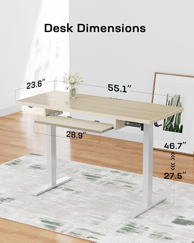 Marsail Electric Standing Desk with Ergonomic Keyboard Tray, Adjustable Desk with 27.5” to 46.7” Height Range, 4 Memory Presets, Smooth and Quiet Lifting, 55 x 24 inch Adjustable Height,TZESD15Modern