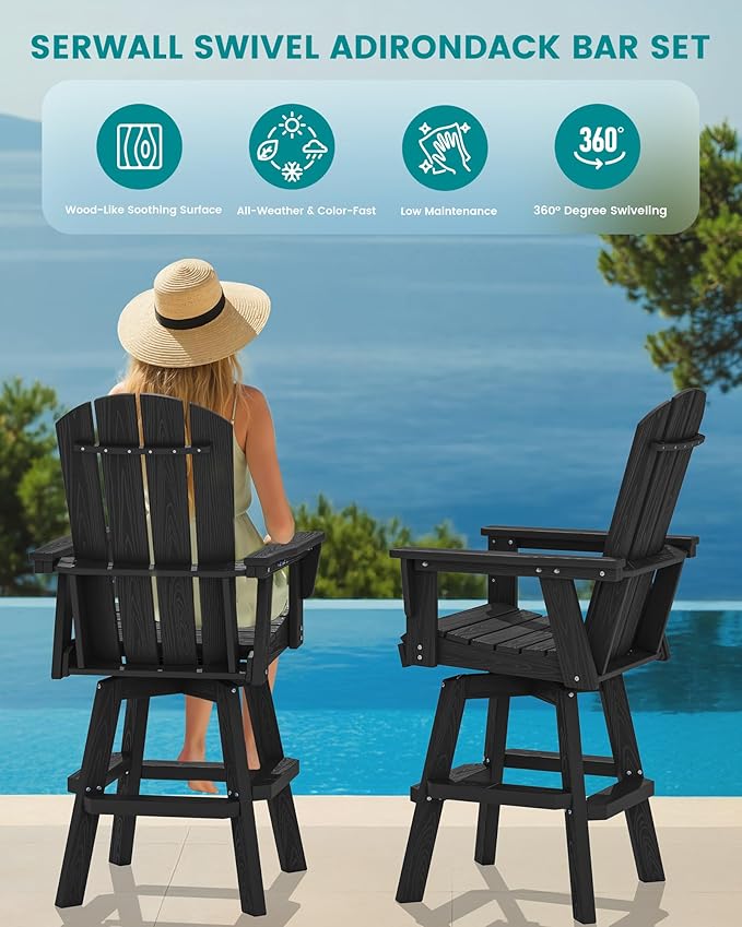 SERWALL Swivel Adirondack Bar Chair, HDPE Swivel Balcony Adirondack Chair, Outdoor Bar Height Barstoolsfor Bistro, Poolside, Garden, Black