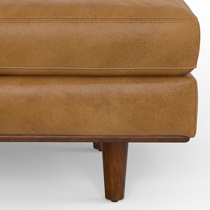 SIMPLIHOME Morrison 33 inch Wide Ottoman in Sienna Genuine Leather, Multifunctional Footrest, Coffee Table, and Extra Seating for Living Room, Mid-Century Modern Style