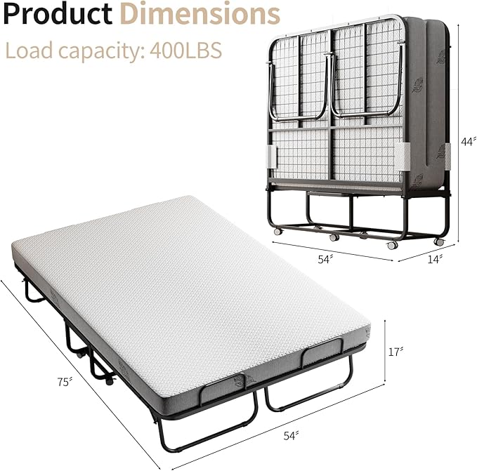 Folding Bed with Mattress 75"x54" Extra Wide Double Folding Bed, Upgraded Sturdy Construction Portable with Mattress for Adult Guests, Folds Down to Save Space (75" x 54")