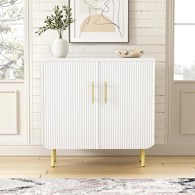 Modern Fluted White Storage Cabinet with 2 Doors, Adjustable Shelves, and Metal Legs, Accent Buffet Sideboard for Living Room, Dining Room, Entryway (White & Gold)
