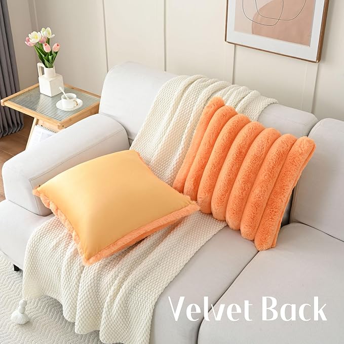 FUTEI Orange Decorative Throw Pillow Covers 18x18 Inch Set of 2, Square Soft Faux Rabbit Fur Thick Striped Cushion Cover,Winter Home Decor for Couch Bed Living Room