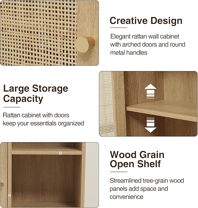 Rattan Bathroom Wall Cabinet with Door, Boho Medicine Wall Cabinets with Adjustable Shelves, Tall Kitchen Wall Mounted Storage Cabinet, Floating Hanging Cabinet Space Saver for Laundry Room, Natural