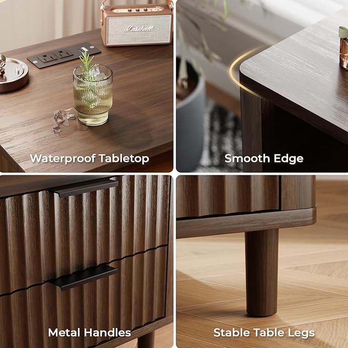 Fluted Nightstand with Charging Station, 2 Drawers Storage Bedside Table, Solid Wood Modern Nightstand with Open Shelf, Curved Profile Design, End Table for Indoor Room Bedroom Office, Walnut