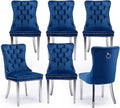Velvet Upholstered Dining Chairs Set of 6, Modern Style Kitchen Side Chairs with Nailhead Trim and Silver Plated Leg, Metal Pulling Ring for Dining Room Living Room(Blue-Silver Plated Leg)
