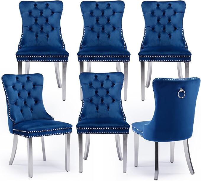 Velvet Upholstered Dining Chairs Set of 6, Modern Style Kitchen Side Chairs with Nailhead Trim and Silver Plated Leg, Metal Pulling Ring for Dining Room Living Room(Blue-Silver Plated Leg)