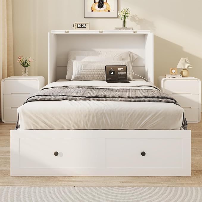 Twin Murphy Bed with Built-in Charging Station, Space-Saving Murphy Bed Chest Twin with Drawer, Foldable, for Home Office Guest Room Bedroom White