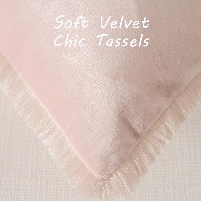 FUTEI Pink Velvet Decorative Throw Pillow Covers 20x20 Set of 2,Soft Cozy Edge with Tassels Cushion Case,Boho Modern Home Decor for Couch Bed Living Room