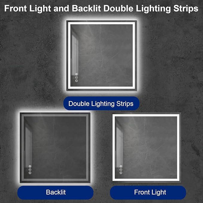 Awoco 36''x36'' LED Bathroom Mirror with Light, Lighted Vanity Mirror with Backlit and Front Light, Dimmable Anti-Fog Memory Function Lighted Mirror with 3 Colors for Bathroom Wall