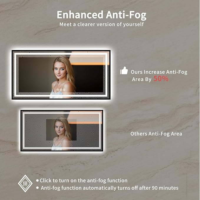 Bathroom Mirrors with Lights, 55x28 Inch Black Framed Gradient Front and Backlit LED Vanity Mirror, 3 Colors Dimmable CRI>90, IP54 Enhanced Anti-Fog Smart Mirror