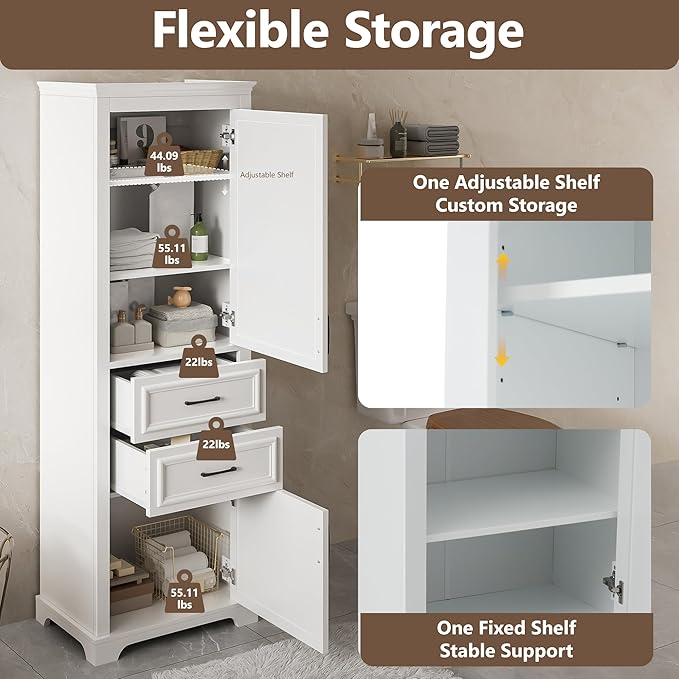 Tall Freestanding Storage Cabinet with 2 Doors & 2 Drawers, Multi-Purpose Organizer with Adjustable Shelf for Bathroom, Office, Living Room, White