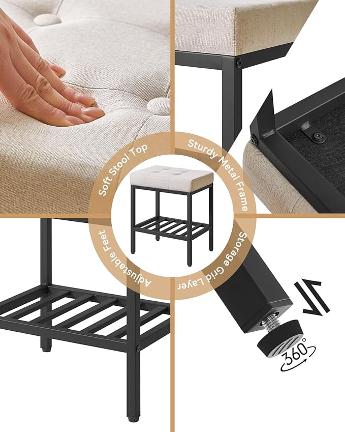 IBUYKE Rectangular Makeup Stool with Adjustable Feet and Storage Space, Footrest Chair, Linen Seat Vanity Stool, Multi-Use as Small Side Table or Ottoman, for Bedroom, Linen WBD017Y